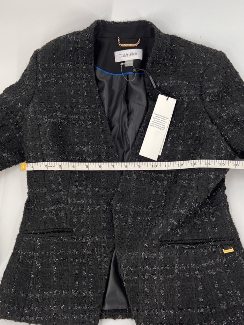 NWT Calvin Klein Tweed Blazer Jacket 6 Black Silver Metallic Boucle Open Front - Picture 6 of 13